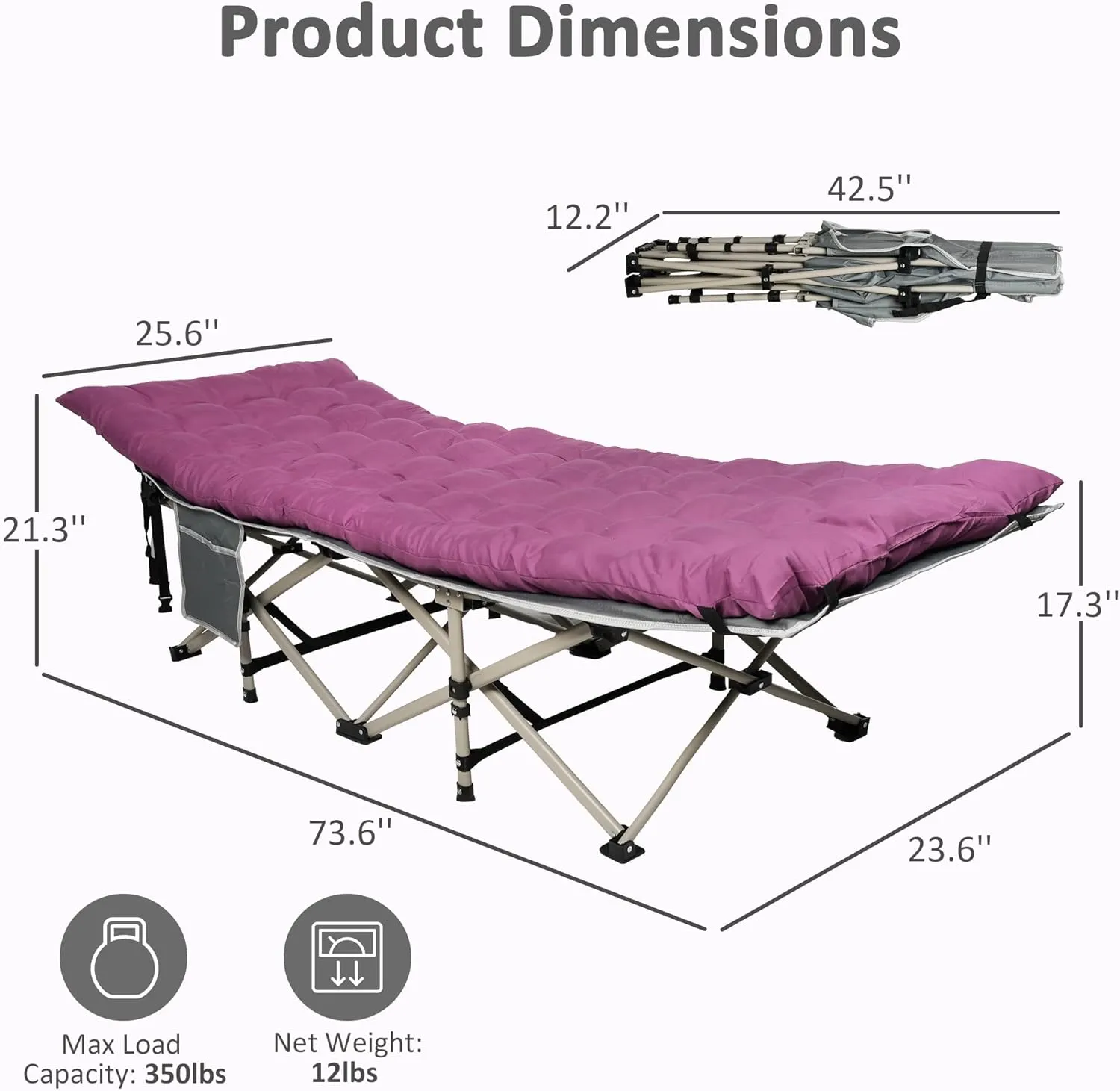 Camping Cots for Adults - Folding Sleeping Cot Bed with Mattress and Adjustable Height Powder-Coated Steel Frame Camp Bed - Ideal for Travel, Office, and Home Use