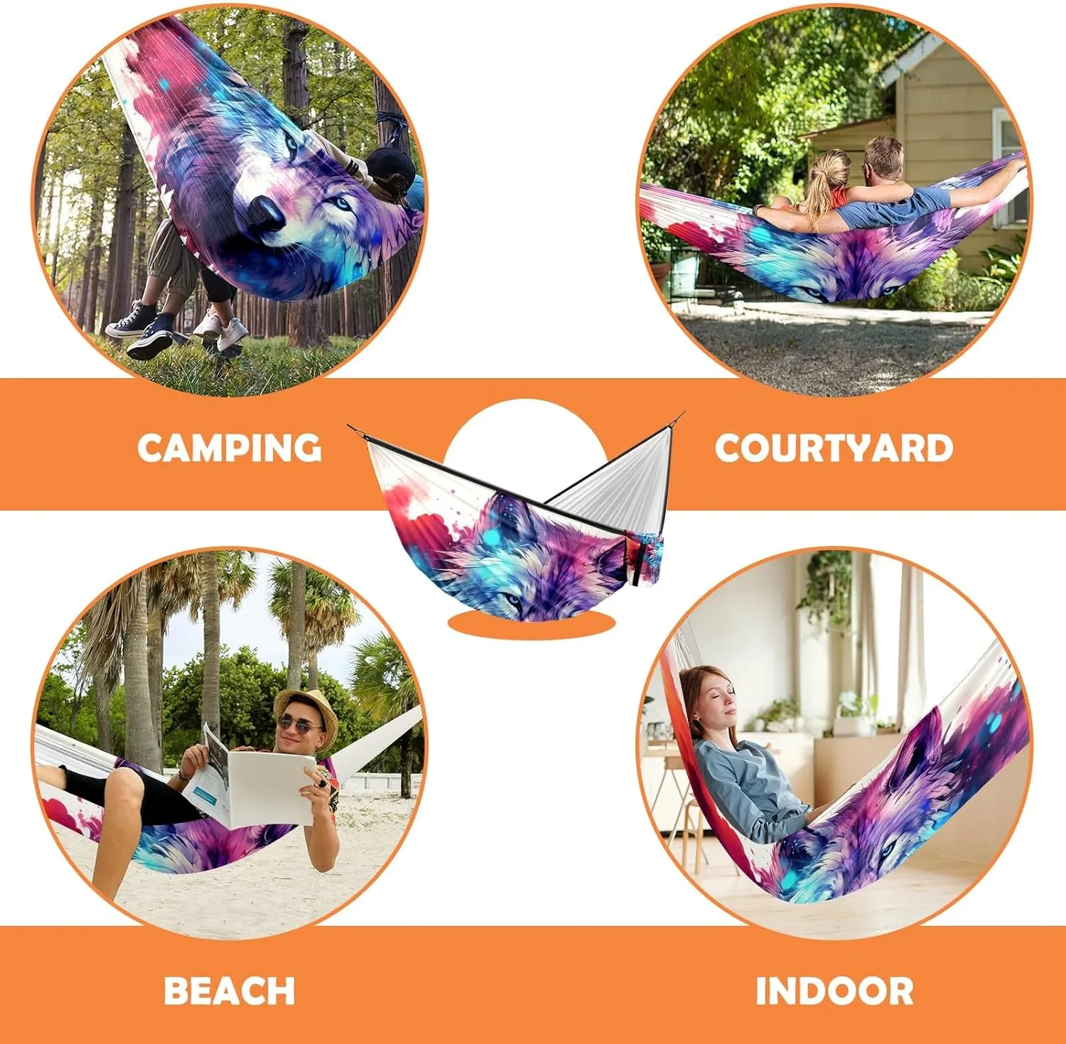 Camping Hammock Double & Single Portable Hammocks with 2 Tree Straps, Great for Hiking,Backpacking,Hunting,Outdoor,Beach,Camping, Wolf (69)