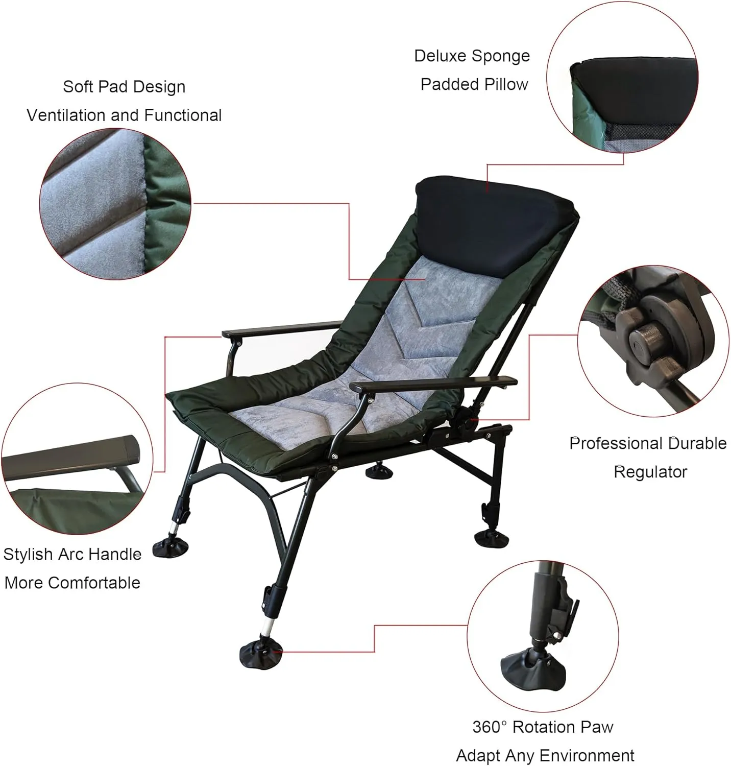 Camping Lounge Chair, Portable Folding Reclining Chair, Camping Chair with Adjustable backrest for Indoor and Outdoor Camping, Beach, Fishing (Grey)