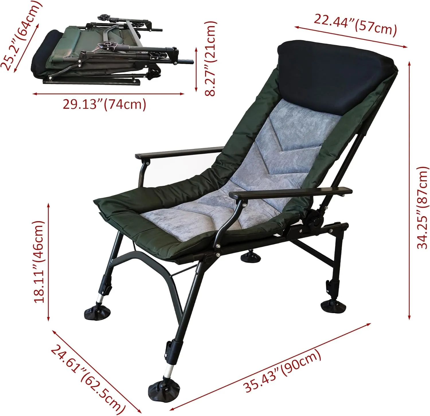Camping Lounge Chair, Portable Folding Reclining Chair, Camping Chair with Adjustable backrest for Indoor and Outdoor Camping, Beach, Fishing (Grey)