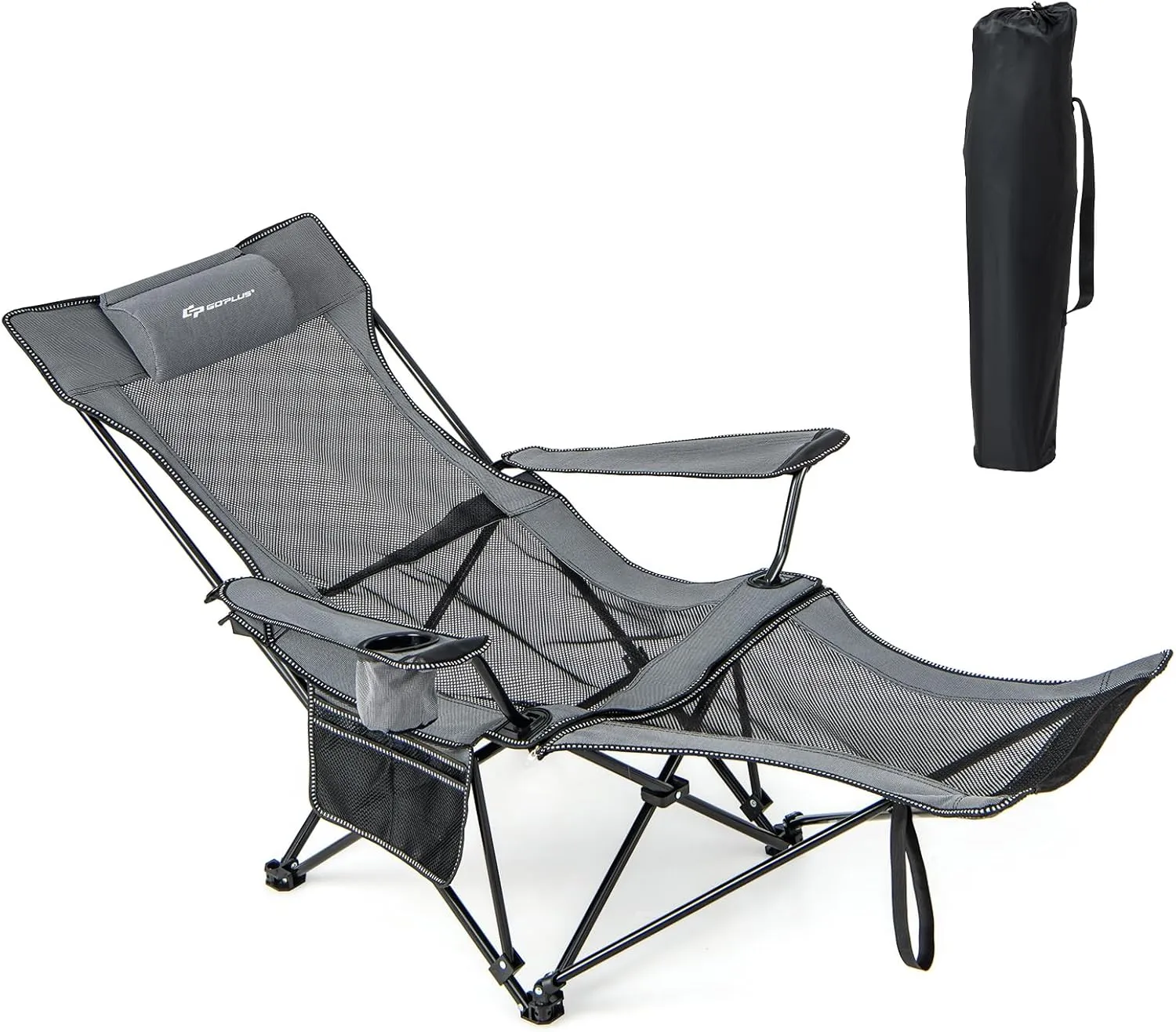 Camping Lounge Chair with Detachable Footrest Adjustable Backrest, Reclining Camping Chair with Footrest, Outdoor Chair with Adjustable Backrest &Cup Holder (Gray)