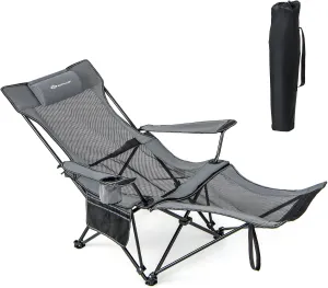 Camping Lounge Chair with Detachable Footrest Adjustable Backrest, Reclining Camping Chair with Footrest, Outdoor Chair with Adjustable Backrest &Cup Holder (Gray)