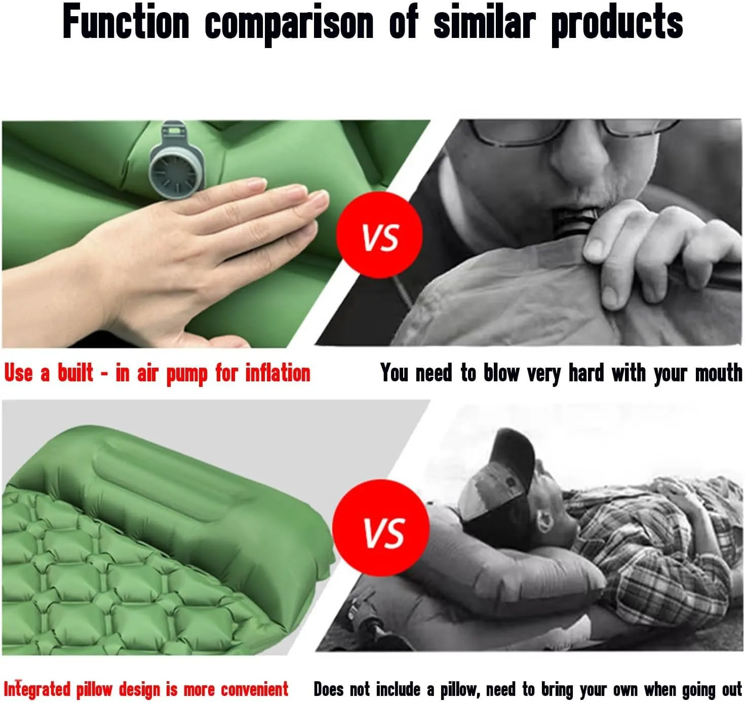 Camping Mattress Pad, 4 inThick Ultralight Inflatable Sleeping Mat with Built-in Pillow & Foot Pump | Waterproof Air Mattress for Tent Travel Includes Carry Bag for Hiking (B-Without Storage Bag)