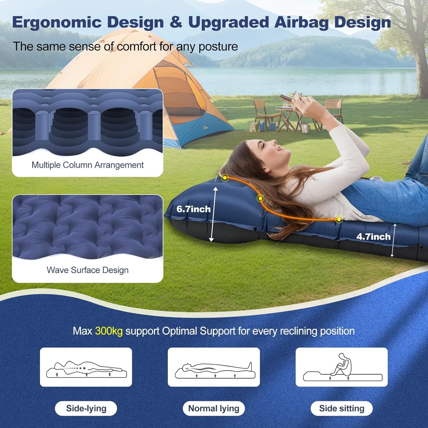 Camping Sleeping Pad, 50D Extra Thickness 4.7 Inch Inflatable Sleeping Mat Lightweight Waterproof Camping with Built-in Pump Air Mattress for Backpacking, Hiking, Tent, Traveling (Blue Grey)