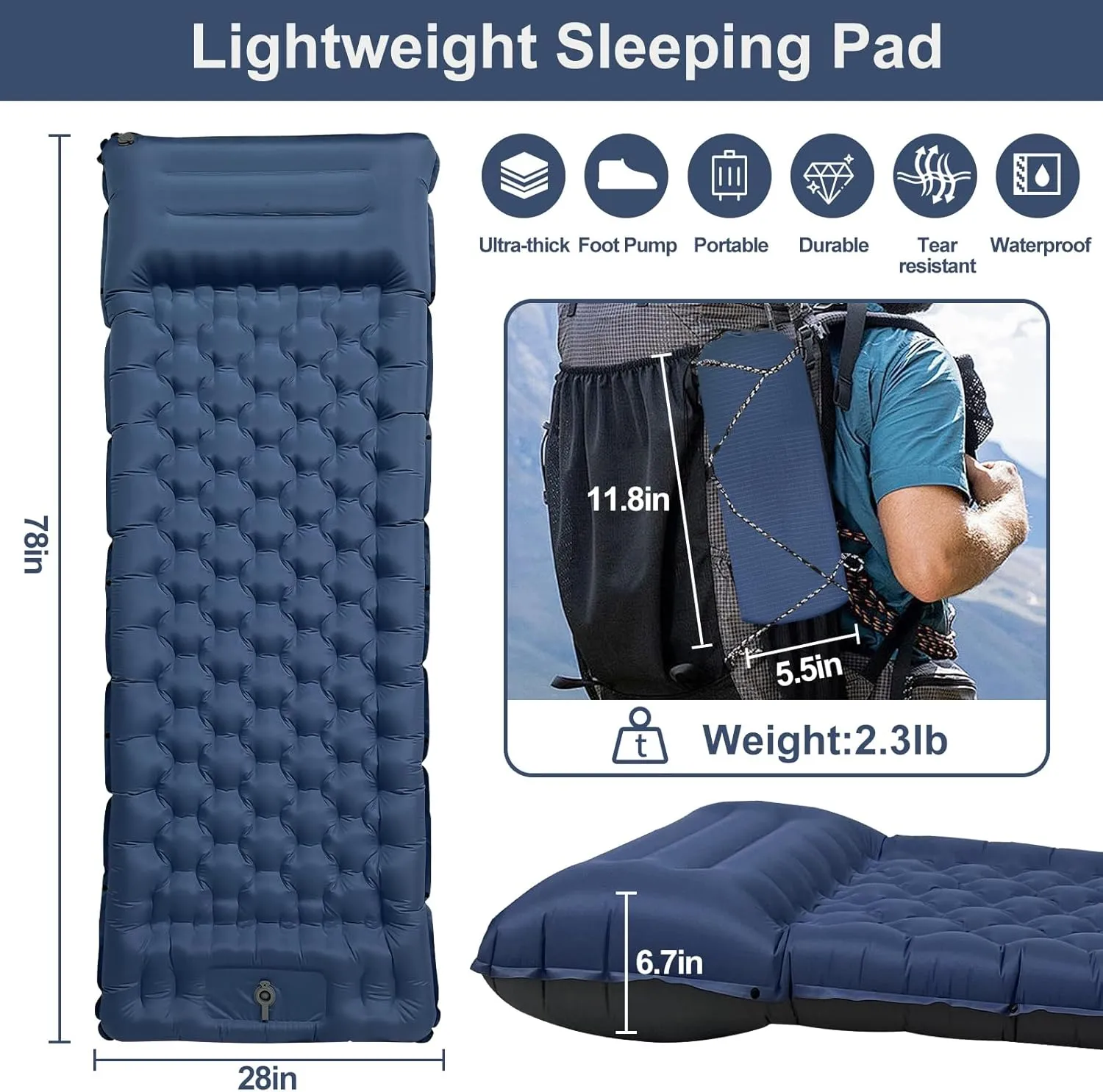 Camping Sleeping Pad, 50D Extra Thickness 4.7 Inch Inflatable Sleeping Mat Lightweight Waterproof Camping with Built-in Pump Air Mattress for Backpacking, Hiking, Tent, Traveling (Blue Grey)