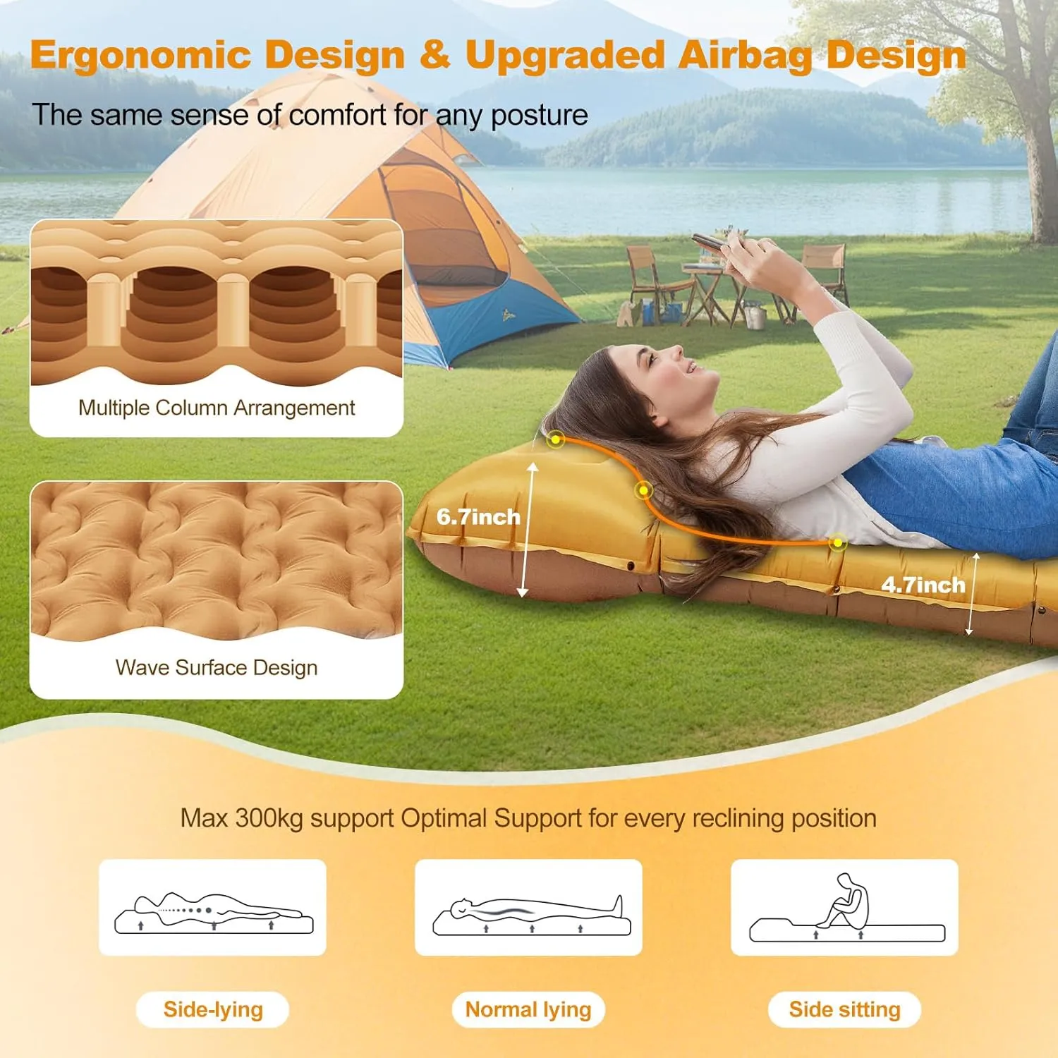Camping Sleeping Pad, 50D Extra Thickness 4.7 Inch Inflatable Sleeping Mat Lightweight Waterproof Camping with Built-in Pump Air Mattress for Backpacking, Hiking, Tent, Traveling,(Orange Grey)