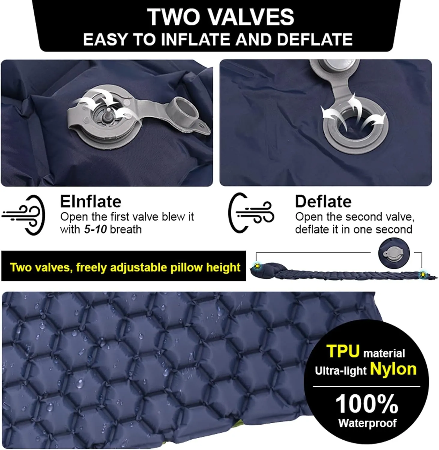Camping Sleeping Pad, Camping Sleeping Mat Outdoor Camping Pad with Pillow Air Mattress Inflatable Cushion Fast Filling Moisture Proof Water Proof