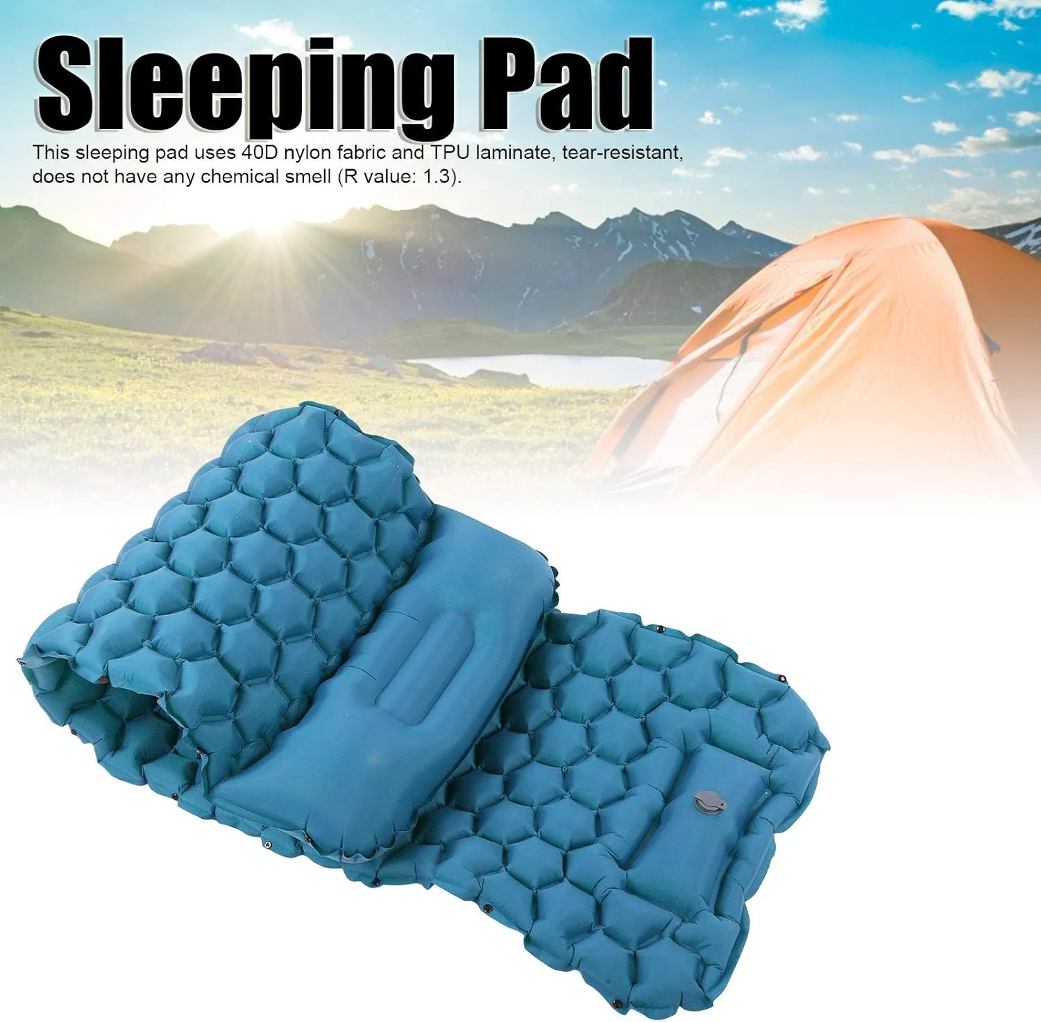 Camping Sleeping Pad Mat, Foot Press Inflatable Cushion Mattress, Sturdy 40D Nylon Fabric, TPU Laminate, for Tent Hiking Travel, Lightweight Compact, Easy to Store (Peacock Blue)