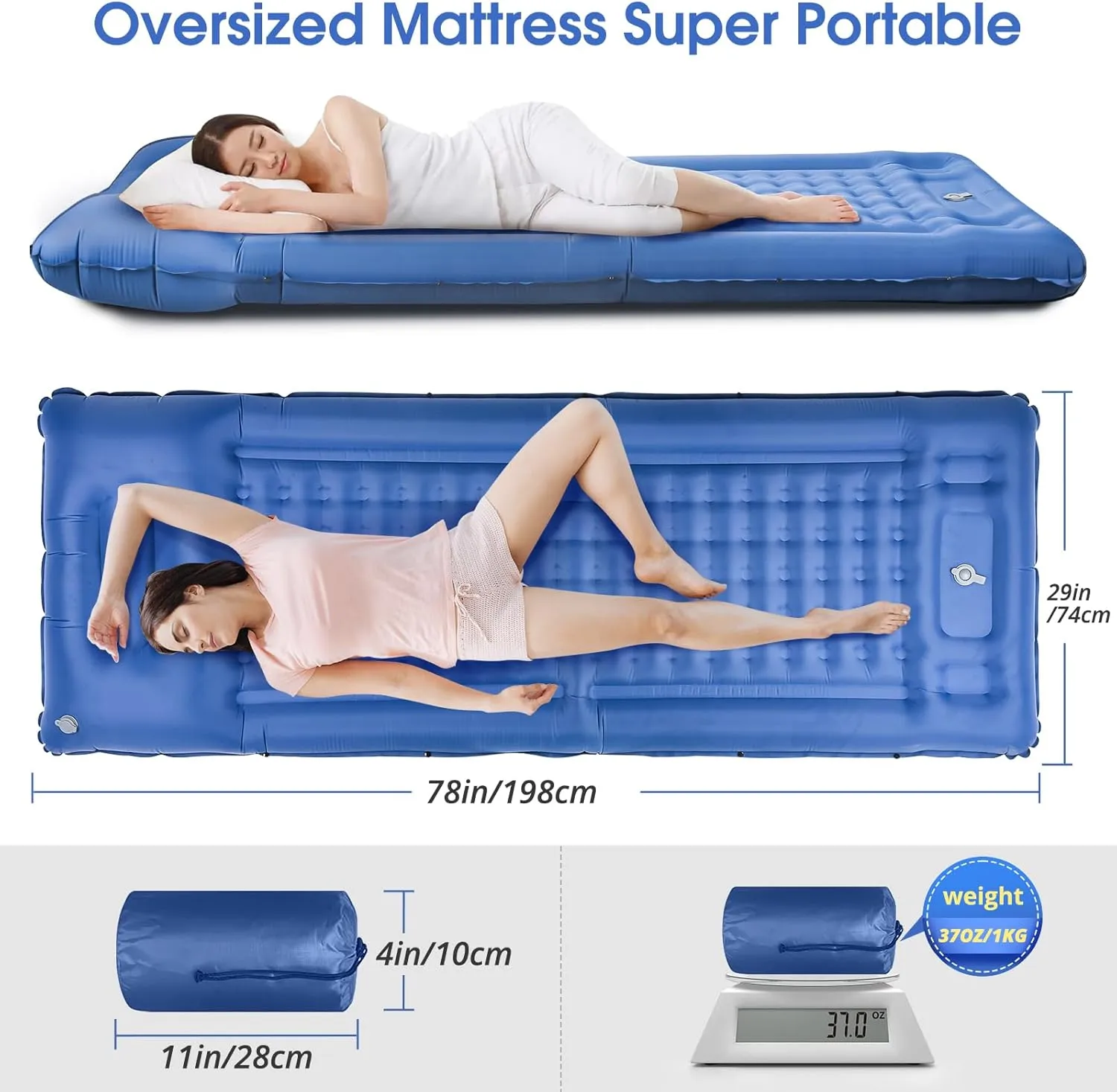 Camping Sleeping Pads，Extra Thick 5 Inch Inflatable Sleeping Mat with Pillow Built-in Pump，Oversized Mattress Super Portable Backpacking Sleeping Pad (Blue, Single)