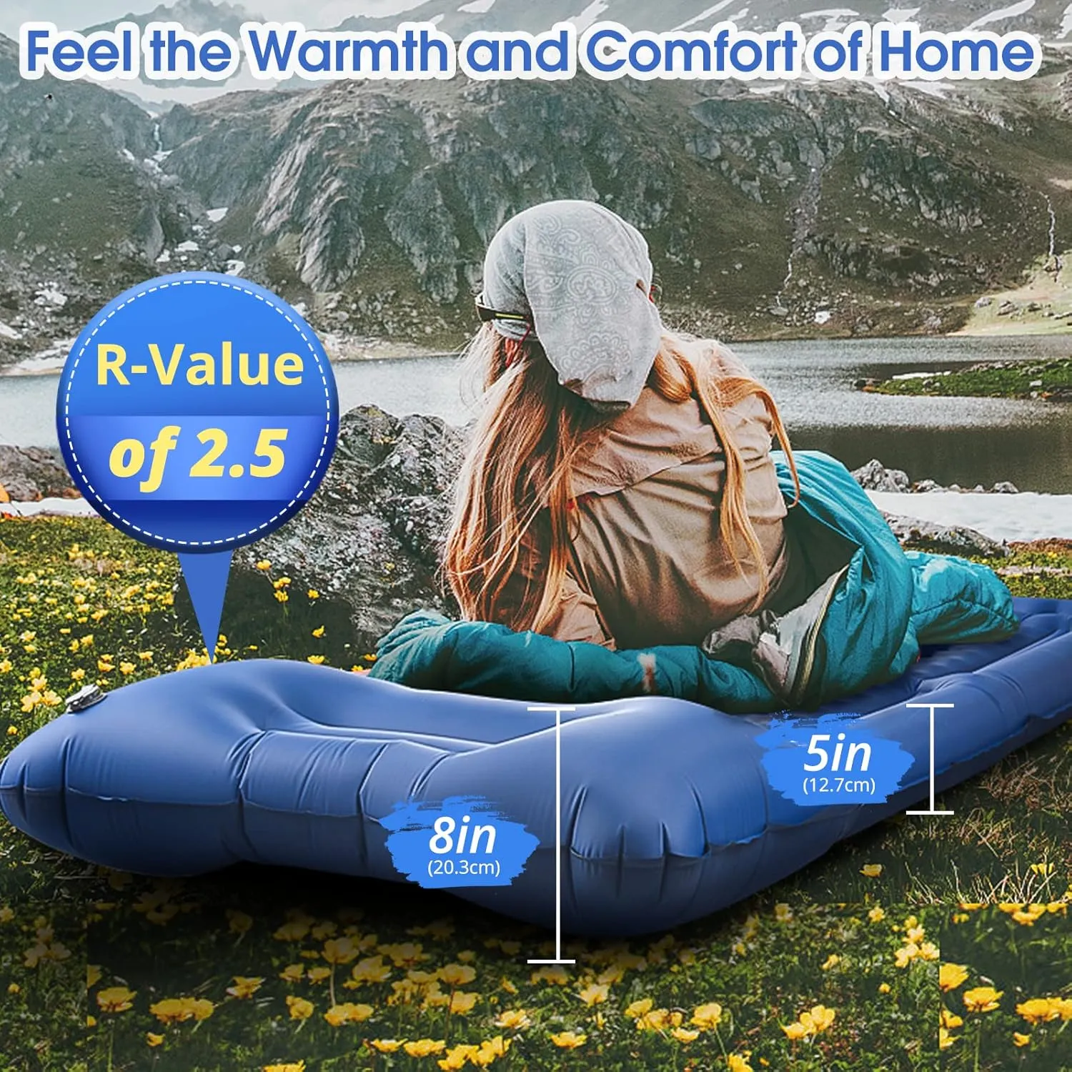 Camping Sleeping Pads，Extra Thick 5 Inch Inflatable Sleeping Mat with Pillow Built-in Pump，Oversized Mattress Super Portable Backpacking Sleeping Pad (Blue, Single)