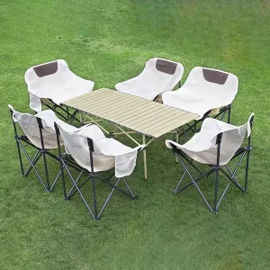 Camping Table and Chairs Picnic Folding Table with 6 Fold up Chair, Portable Camping Set with Carry Bag for Indoor Outdoor BBQ,Yellow
