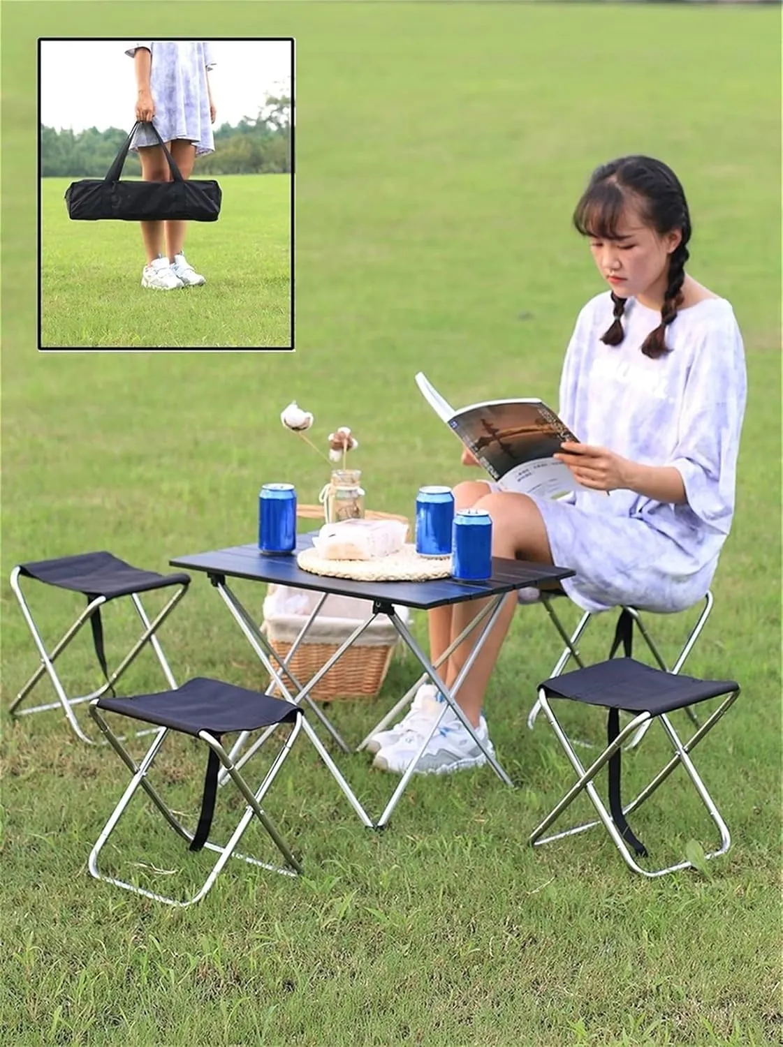 Camping Table Chairs 7-Piece Outdoor Folding Table Set, Portable Aluminum Camping Picnic Table, Car Ultra-Light Small Square Table, 56x40x40cm (Color : White)