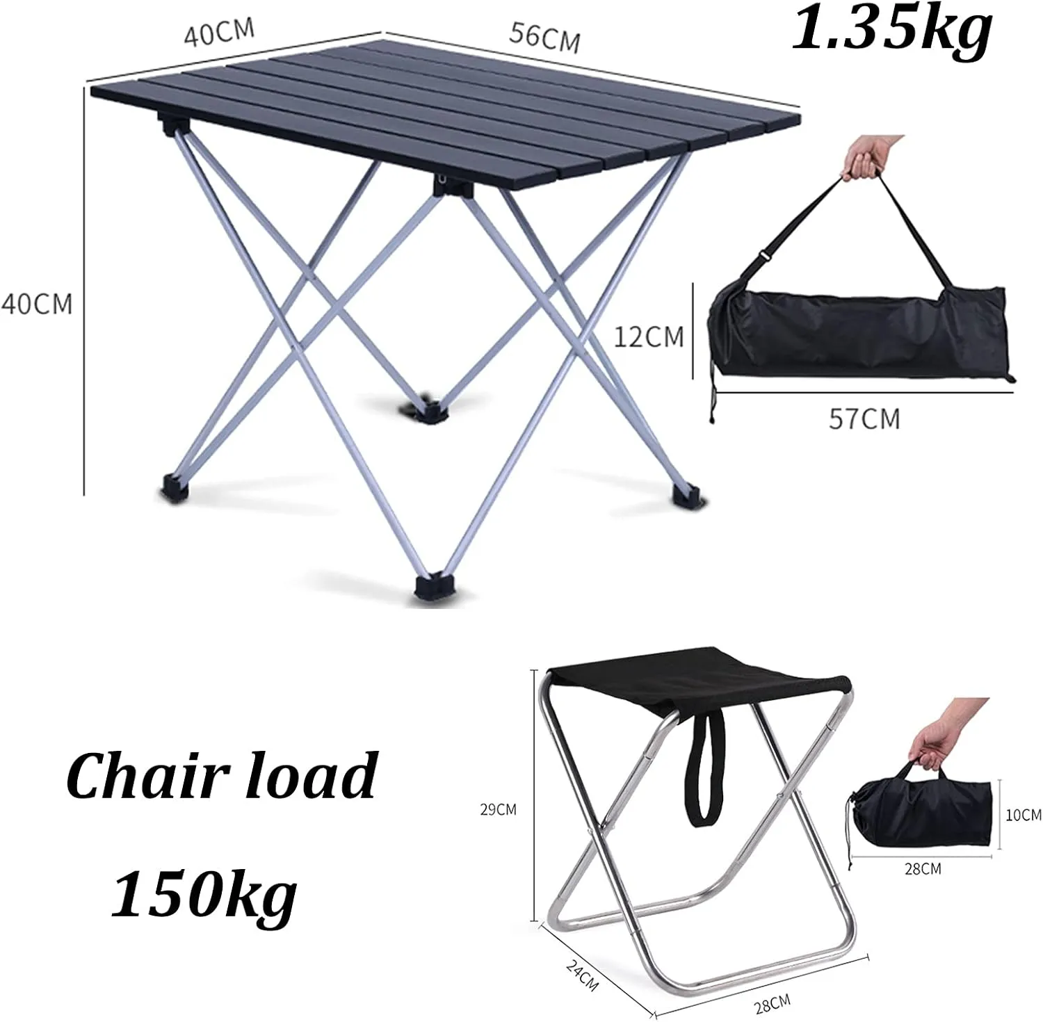Camping Table Chairs Small Outdoor Folding Set, Portable Aluminum Picnic Table, Suitable for Fishing, Barbecue and Hiking 56x40x40cm