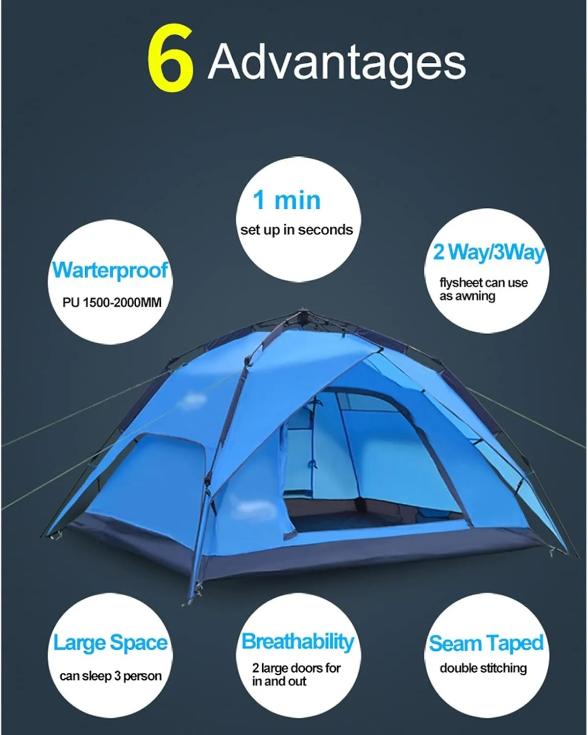 Camping Tents, Automatic Tent 3-4 Person Camping Tent,Easy Instant Setup-Protable Backpacking for Sun Shelter,Travelling,Hiking (Color : 2 Way use Blue, Size : 200x180x130cm)