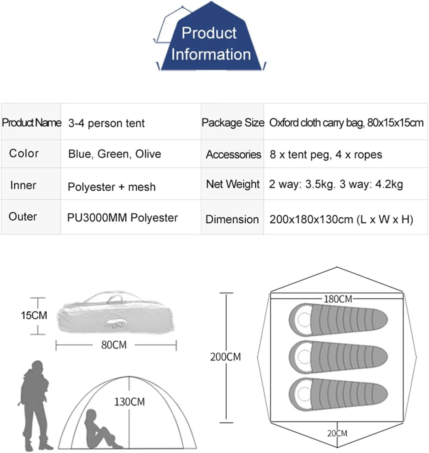 Camping Tents, Automatic Tent 3-4 Person Camping Tent,Easy Instant Setup-Protable Backpacking for Sun Shelter,Travelling,Hiking (Color : 2 Way use Blue, Size : 200x180x130cm)