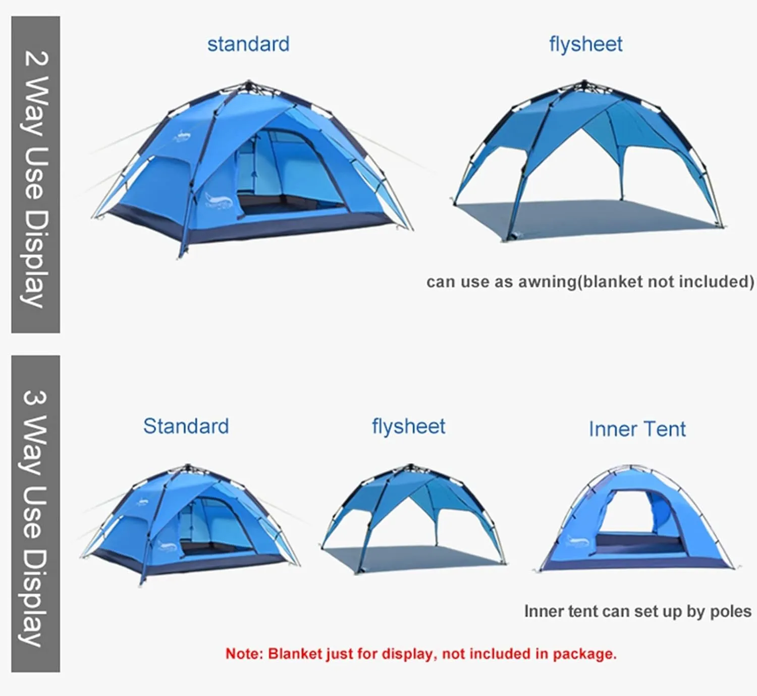 Camping Tents, Automatic Tent 3-4 Person Camping Tent,Easy Instant Setup-Protable Backpacking for Sun Shelter,Travelling,Hiking (Color : 2 Way use Blue, Size : 200x180x130cm)