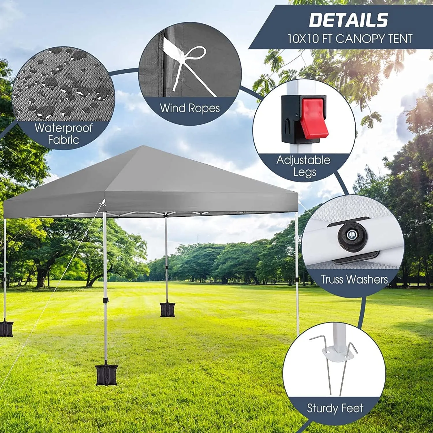 Canopy Tent 10x10, Pop Up Canopy, Portable Instant Canopy, Outdoor Easy Setup Canopy，Waterproof Vendor Canopy, Ez Up Canopy, Commercial Canopy Tent with 4 Sandbags, Carry Bag, Tents for Parties