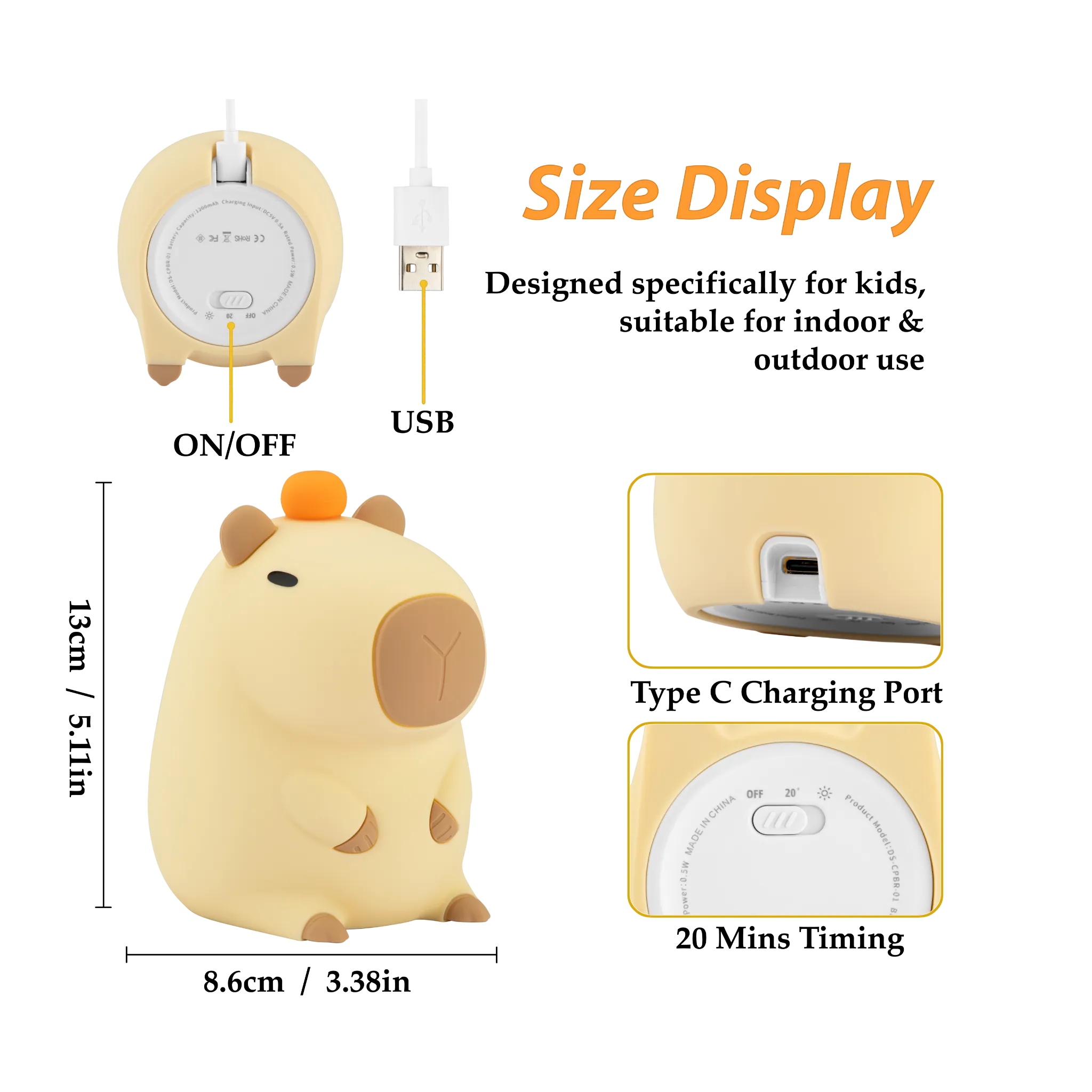 Capybara LED Night Light USB Rechargeable Animal Touch Control Lamp