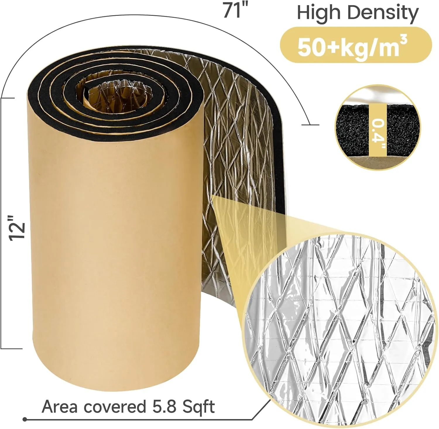 Car Aluminum foil Sound Insulation Foam Mat 0.4" x 12" x 71", 10 mm Thick,5.8 sqft ,50 kg/m³,Automobile Insulation Mat ,Waterproof and Flame Retardant Vibration Dampening Mat