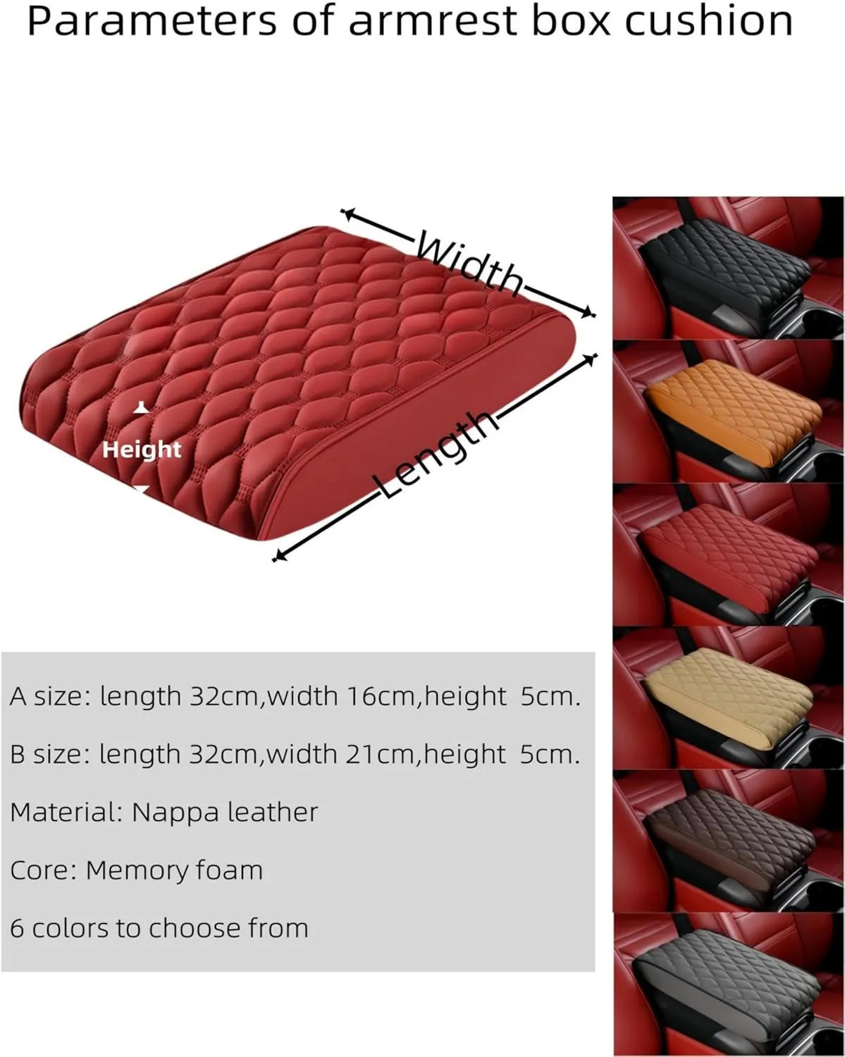 Car Leather Waterproof Center Console Seat Arm Rest Cover Auto Memory Foam Cotton Height Armrest Box Pad, 6 Colors, 2 Sizes (Grey, 12.6"x6.3"x2")