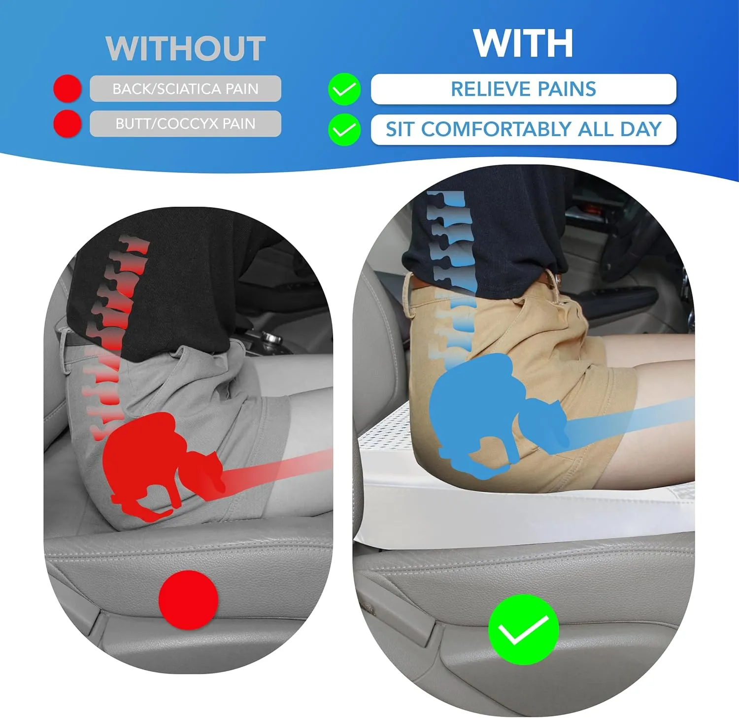 Car Seat Cushion: Comfortable Memory Foam Car Seat Cushion for Driving - for Sciatica-Tailobone Pain Relief - Seat Cushion for Car-Truck, Office, Wheelchair - Gray