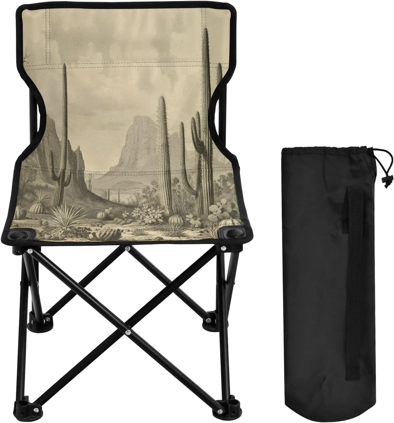 Cartoon Desert Cactus Portable Outdoor Folding Chair Anti-Slip Padded Oxford Cloth Stool Camping Chair Small for Beach Hiking Fishing Gardening Quad Camp Chair