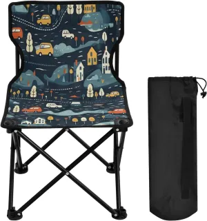Cartoon House Car Tree Portable Outdoor Folding Chair Anti-Slip Padded Oxford Cloth Stool Camping Chair Small for Beach Hiking Fishing Gardening Quad Camp Chair