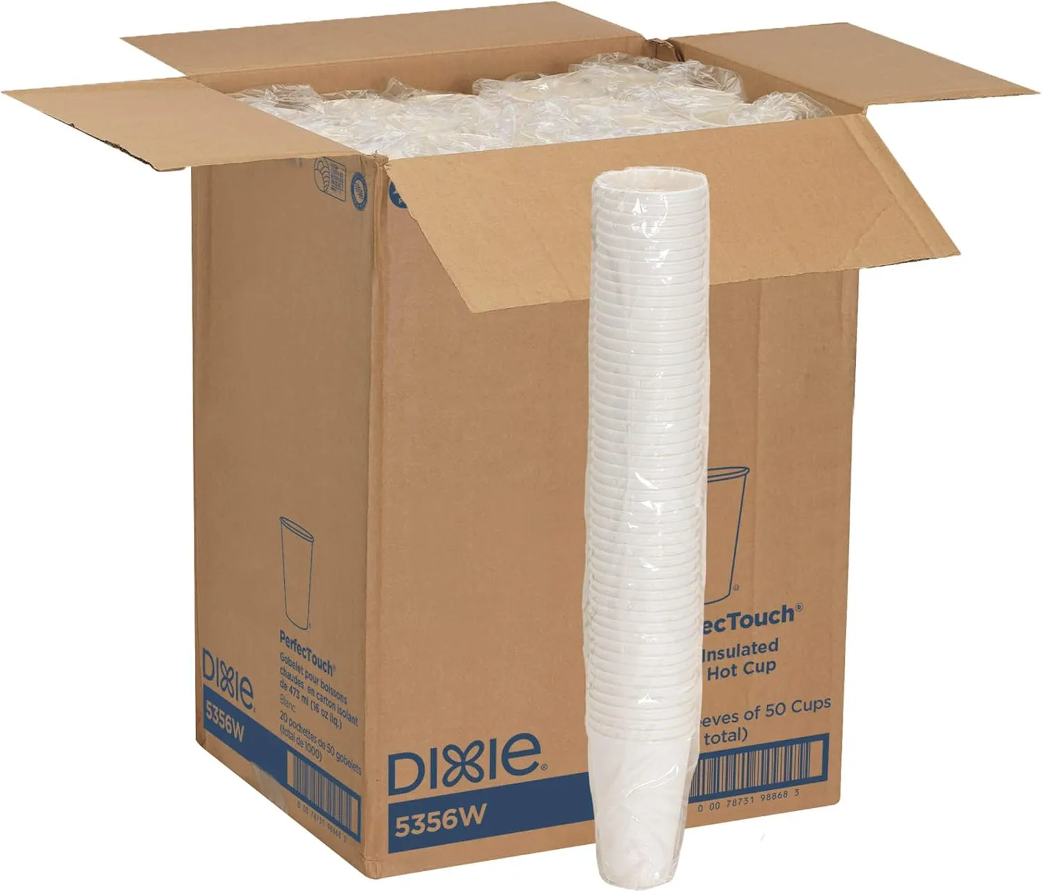 Case Pack of 20 DIXIE Perfect Touch 16 Oz insulated paper hot cups. White - Bag of 5
