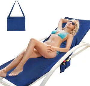 Catalonia Beach Lounge Chair Towel Cover - 78 x 31 Inch Non-Slip Chaise Cover with 3 Pockets, Quick Dry Pool Chair Towel for Sunbathing, Patio, Garden, Swimming Pool & Courtyard, Navy