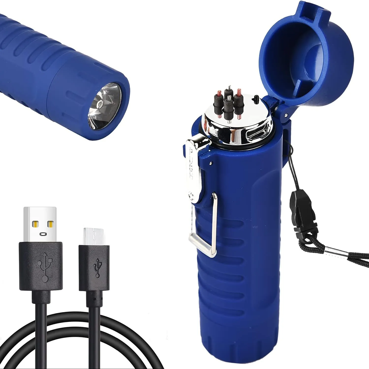 CEDINQII Waterproof Electric Lighter Flashlight USB Rechargeable Arc Lighter for Outdoor Blue