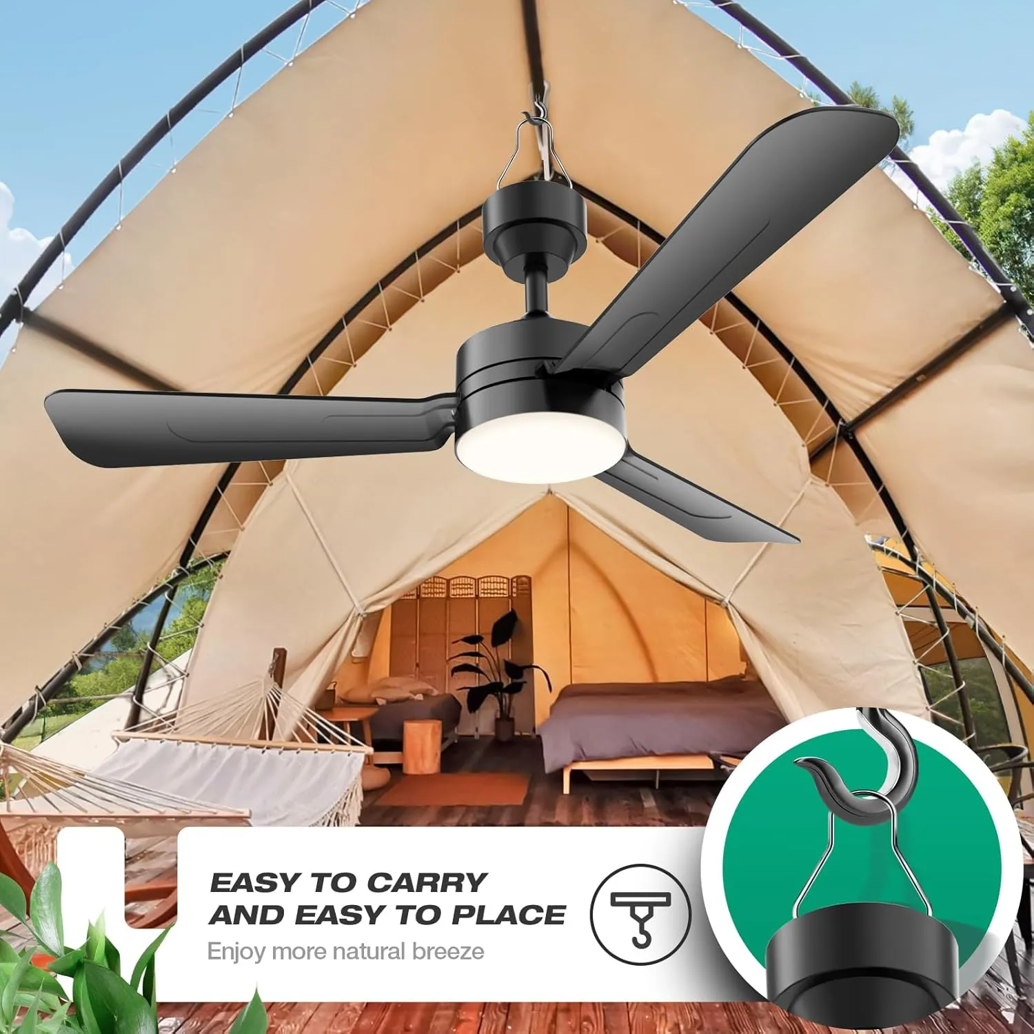 Ceiling Fans with Lights,36" LED Fan Light Hanging with Hook,Hook Type Ceiling Fan,Plug in Ceiling Fan Light,40W,3000-6500k,Remote Control,Portable Fan for Camping Bed,Patios,(Black)