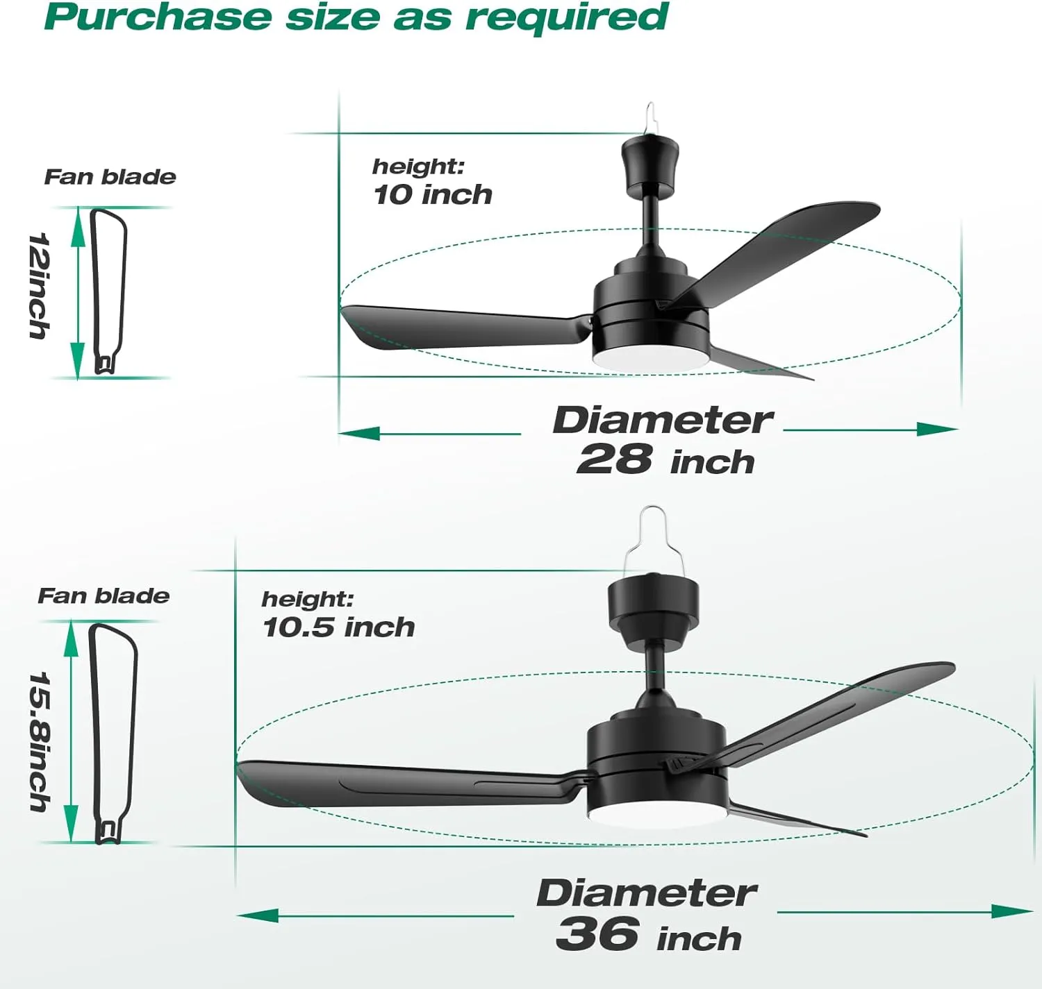 Ceiling Fans with Lights,36" LED Fan Light Hanging with Hook,Hook Type Ceiling Fan,Plug in Ceiling Fan Light,40W,3000-6500k,Remote Control,Portable Fan for Camping Bed,Patios,(Black)