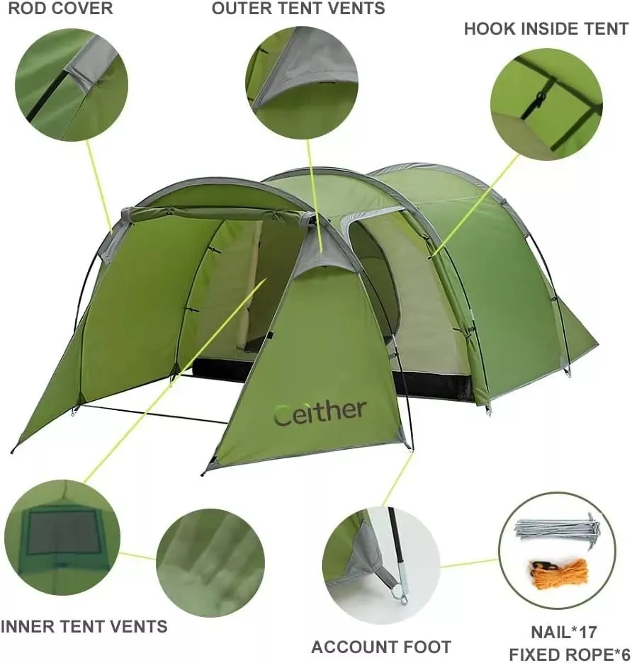 Ceither Tunnel Tent 4 Person - Green