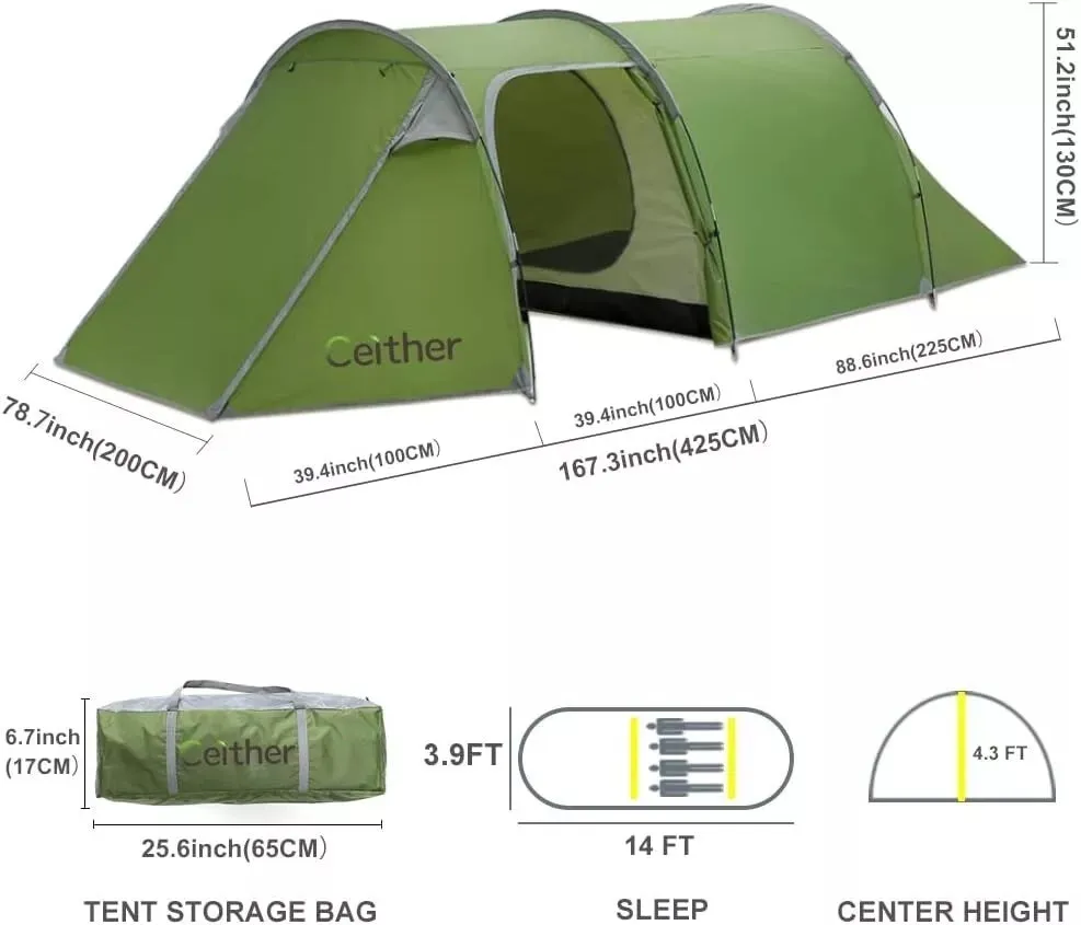 Ceither Tunnel Tent 4 Person - Green