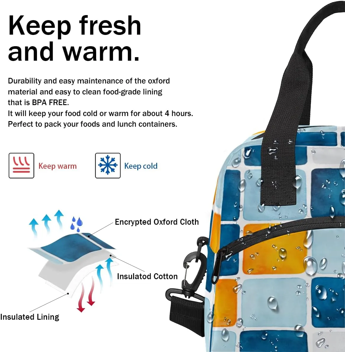 Ceramic Tile Pattern Ethnic Lunch Bag for Women Men Reusable Insulated Lunch Box with Adjustable Shoulder Strap Portable Cooler Tote Bag for Office Work Picnic Travel