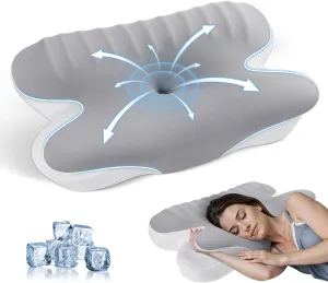 Cervical Neck Pillow Memory Foam Pillows for Sleeping,Ergonomic Orthopedic Neck Support Pillow,Cooling Pillow with Removable Pillowcase for Side,Back, Stomach Sleepers,Light Gray