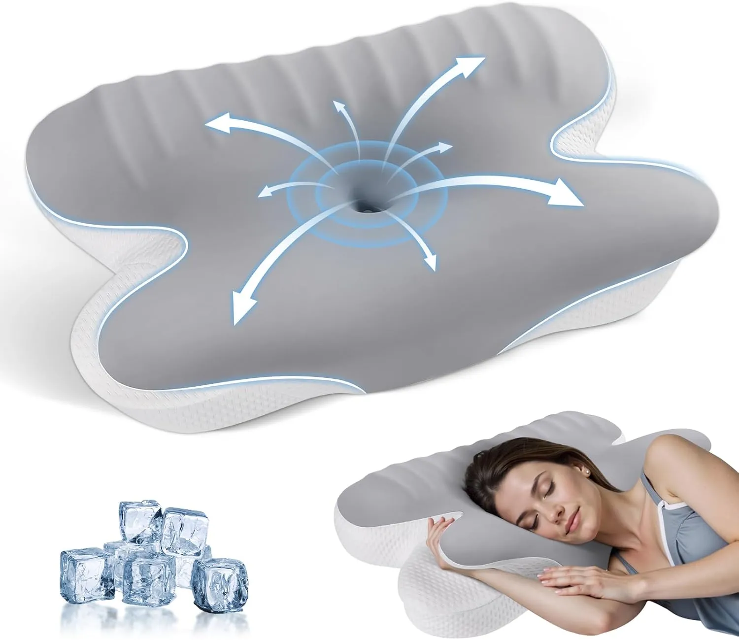 Cervical Neck Pillow Memory Foam Pillows for Sleeping,Ergonomic Orthopedic Neck Support Pillow,Cooling Pillow with Removable Pillowcase for Side,Back, Stomach Sleepers,Light Gray