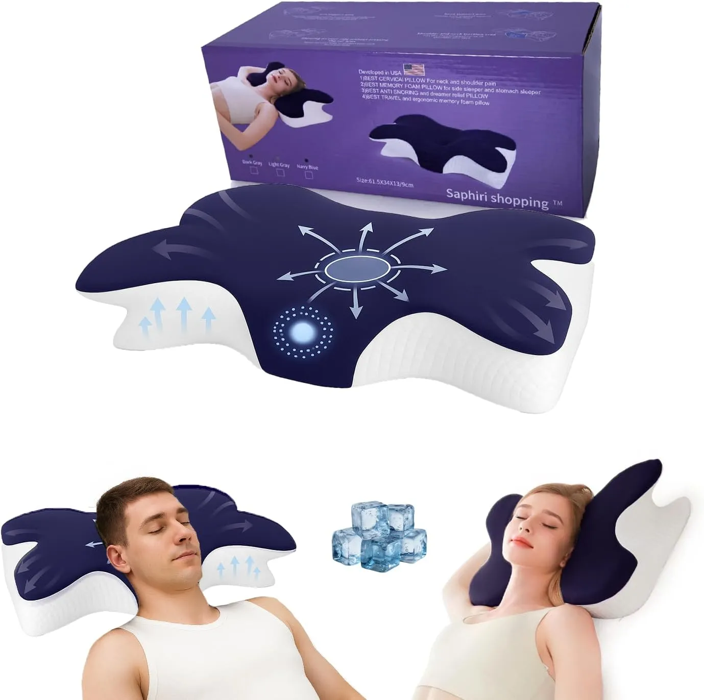 Cervical Neck Support Pillow for Cozy Sleeping Ergonomic Memory Foam Pillows Orthopedic Contour Shoulder Pain Relief Pillows Side Back Stomach Sleeper Bed Pillowcases (Navy Blue, 61.5 * 34 * 13cm)