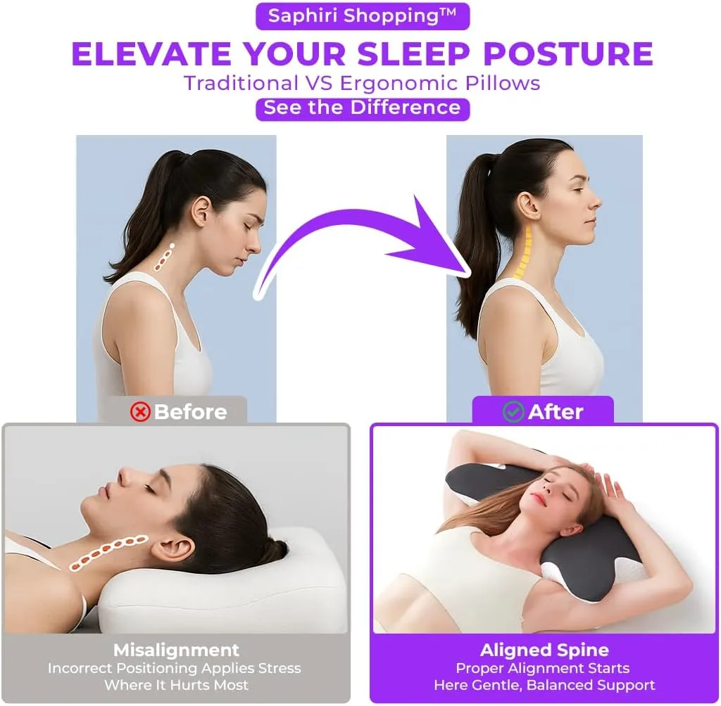 Cervical Neck Support Pillow for Cozy Sleeping Ergonomic Memory Foam Pillows Orthopedic Contour Shoulder Pain Relief Pillows Side Back Stomach Sleeper Bed Pillowcases (Navy Blue, 61.5 * 34 * 13cm)
