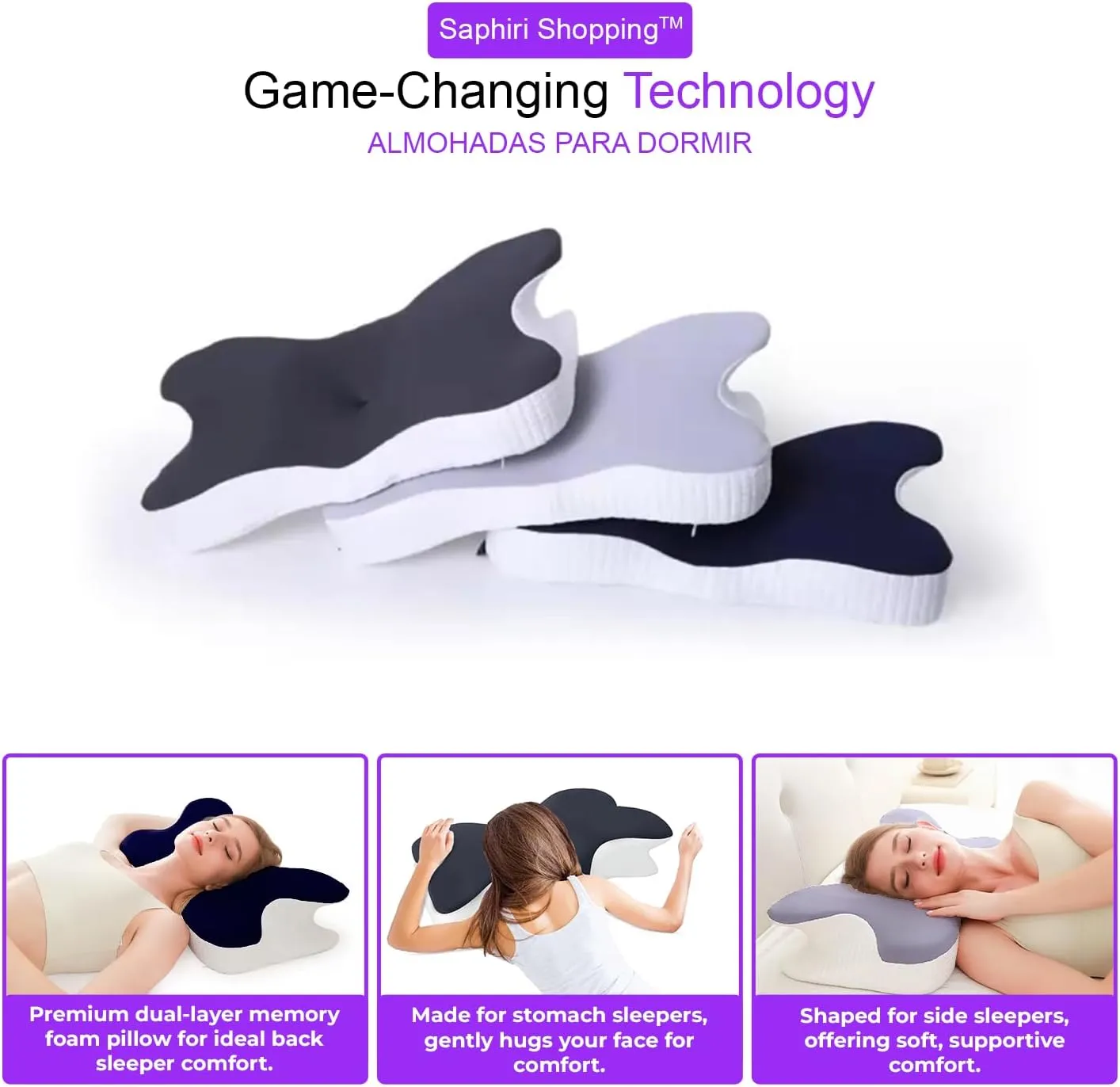 Cervical Neck Support Pillow for Cozy Sleeping Ergonomic Memory Foam Pillows Orthopedic Contour Shoulder Pain Relief Pillows Side Back Stomach Sleeper Bed Pillowcases (Navy Blue, 61.5 * 34 * 13cm)