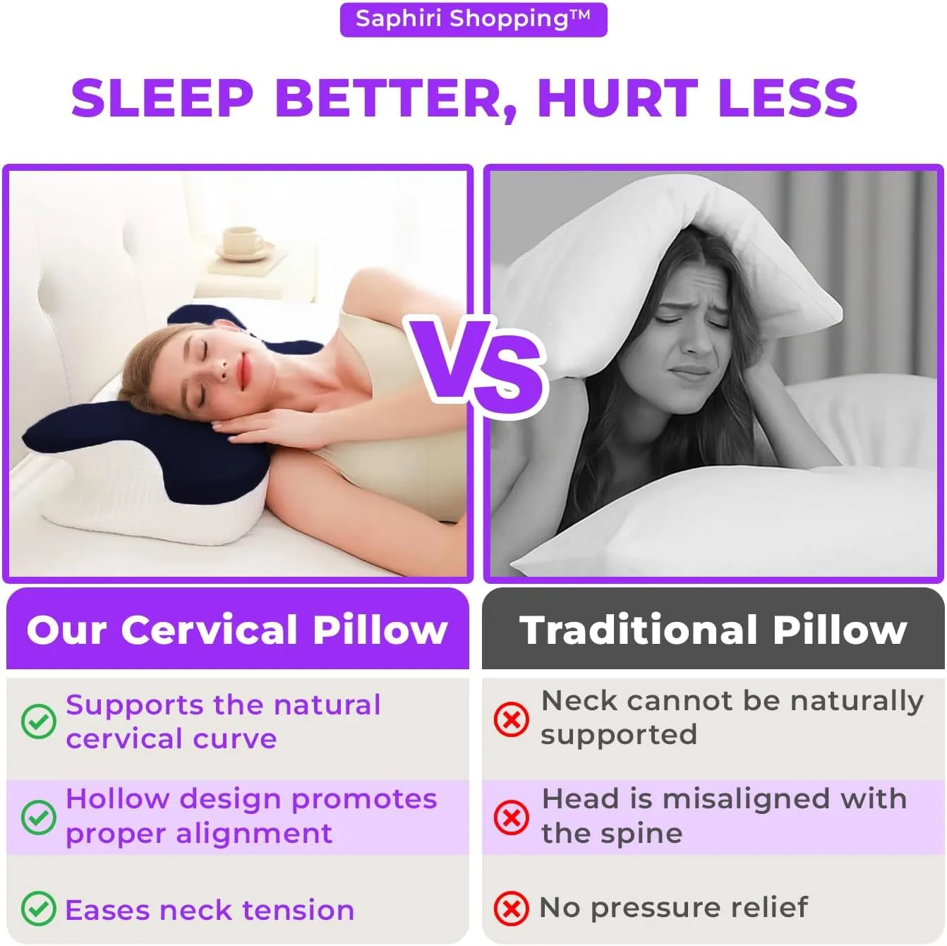 Cervical Neck Support Pillow for Cozy Sleeping Ergonomic Memory Foam Pillows Orthopedic Contour Shoulder Pain Relief Pillows Side Back Stomach Sleeper Bed Pillowcases (Navy Blue, 61.5 * 34 * 13cm)