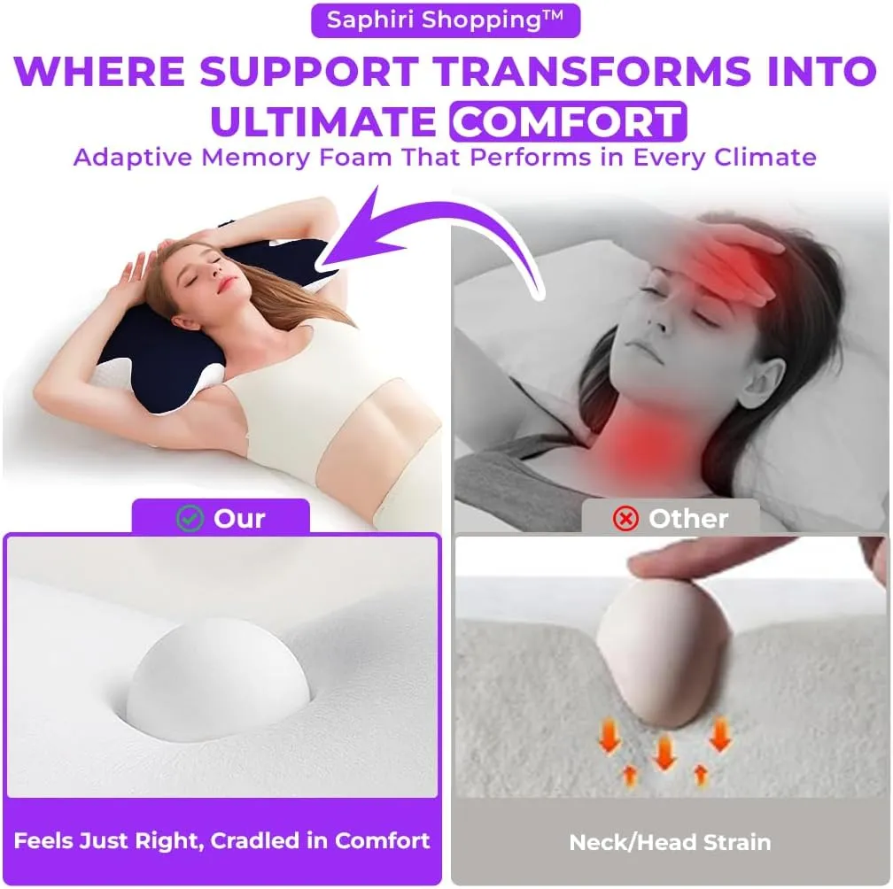 Cervical Neck Support Pillow for Cozy Sleeping Ergonomic Memory Foam Pillows Orthopedic Contour Shoulder Pain Relief Pillows Side Back Stomach Sleeper Bed Pillowcases (Navy Blue, 61.5 * 34 * 13cm)