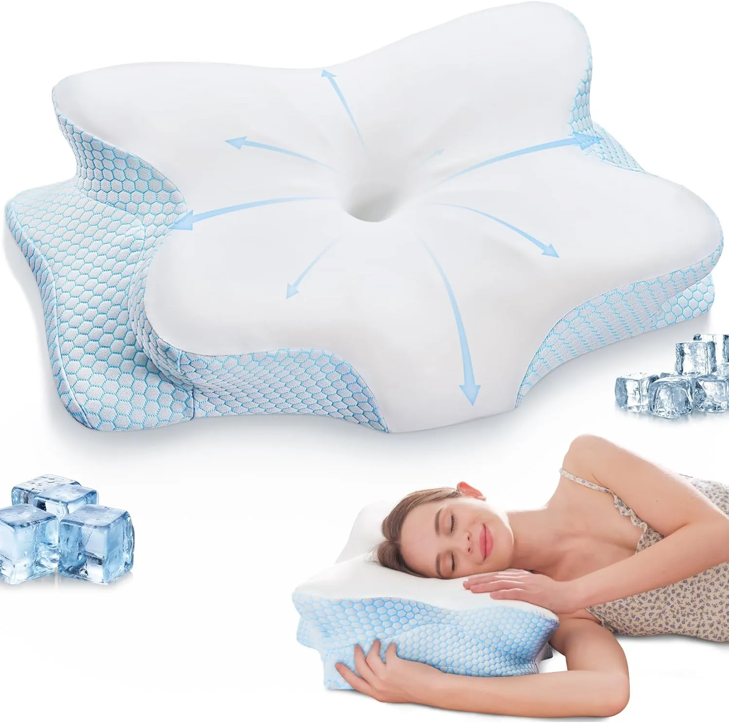 Cervical Pillow for Neck and Shoulder Pain Relief Contour Pillow Ergonomic Neck Support Pillow for Side Back Stomach Sleepers with Cooling Pillowcase, White&Blue