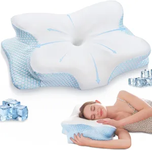Cervical Pillow for Neck and Shoulder Pain Relief Contour Pillow Ergonomic Neck Support Pillow for Side Back Stomach Sleepers with Cooling Pillowcase, White&Blue