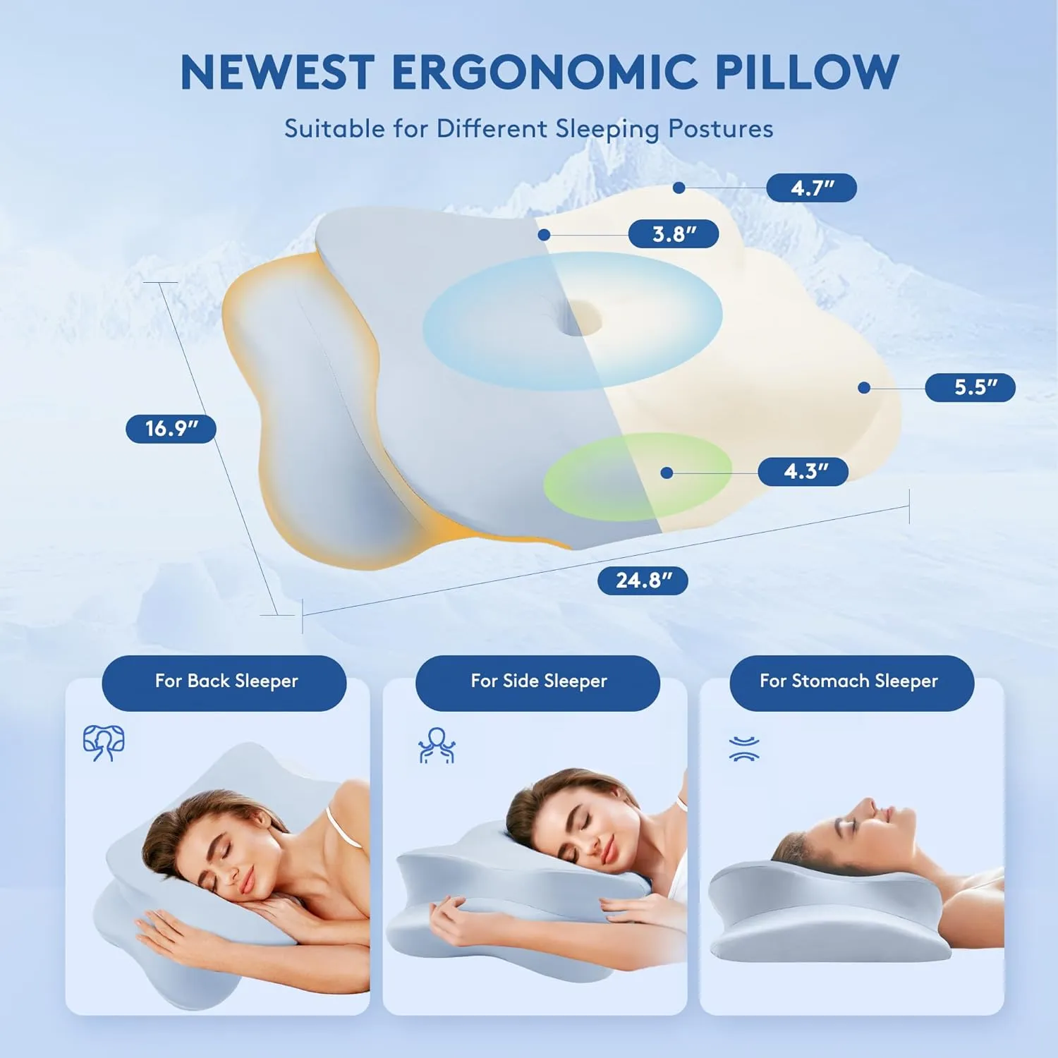 Cervical Pillow for Neck Pain Relief, Cooling Contour Memory Foam Pillows Support Odorless Ergonomic Neck Pillow Adjustable Orthopedic Bed Pillow for Side Back Stomach Sleeper with Pillowcase，Blue