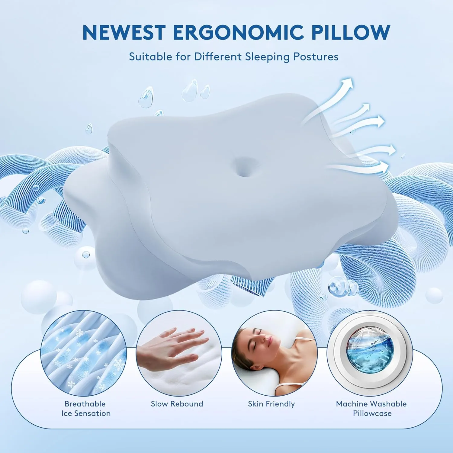 Cervical Pillow for Neck Pain Relief, Cooling Contour Memory Foam Pillows Support Odorless Ergonomic Neck Pillow Adjustable Orthopedic Bed Pillow for Side Back Stomach Sleeper with Pillowcase，Blue
