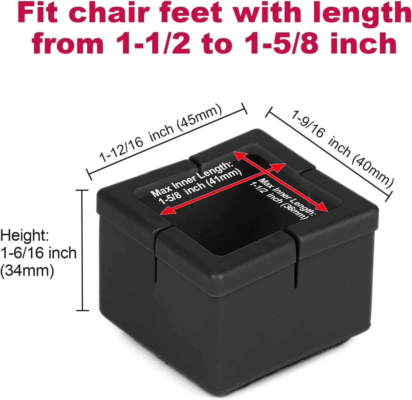 Chair Leg Floor Protectors 1.5" Chair Leg Caps 1-1/2 to 1-5/8 Inch Square Furniture Leg Caps Table Chair Feet Protectors with Felt Pads, Color Black (16 Pack) (Fit 36mm-41mm)