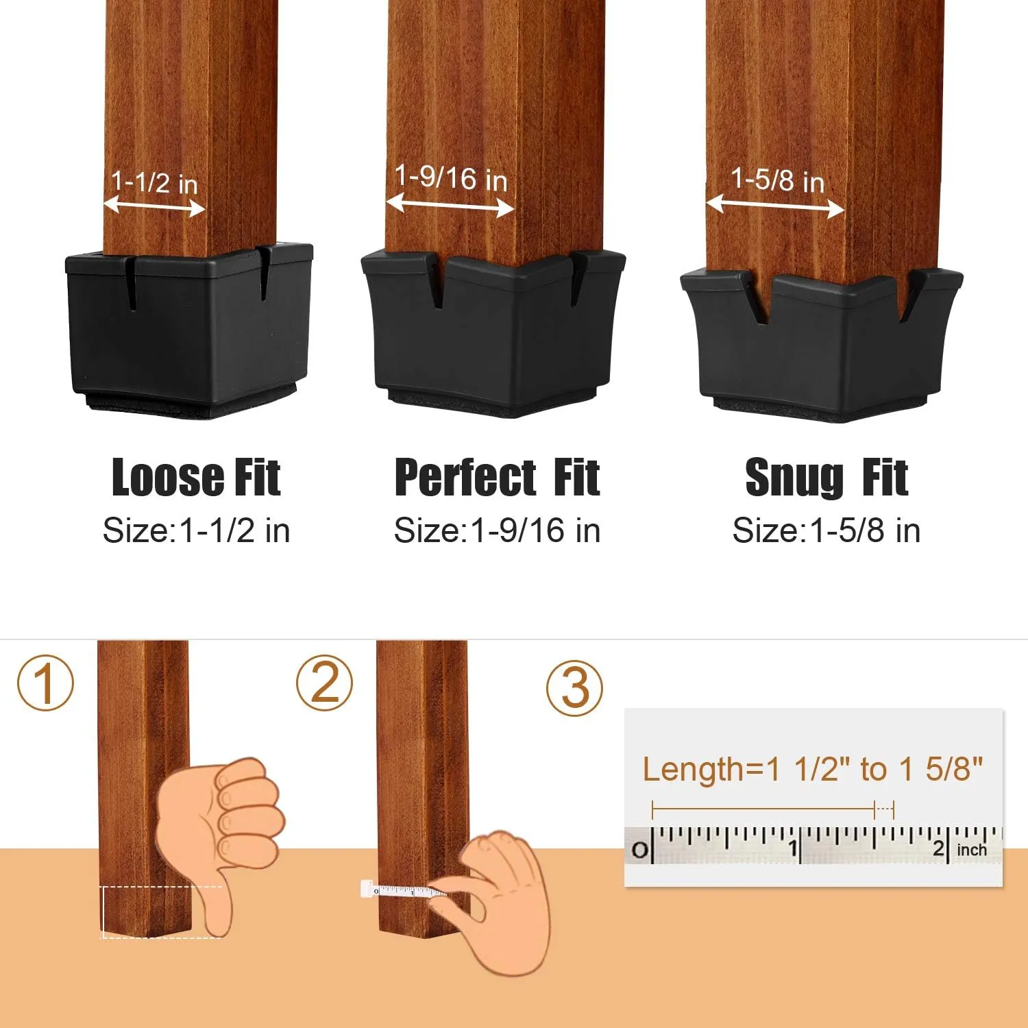 Chair Leg Floor Protectors 1.5" Chair Leg Caps 1-1/2 to 1-5/8 Inch Square Furniture Leg Caps Table Chair Feet Protectors with Felt Pads, Color Black (16 Pack) (Fit 36mm-41mm)