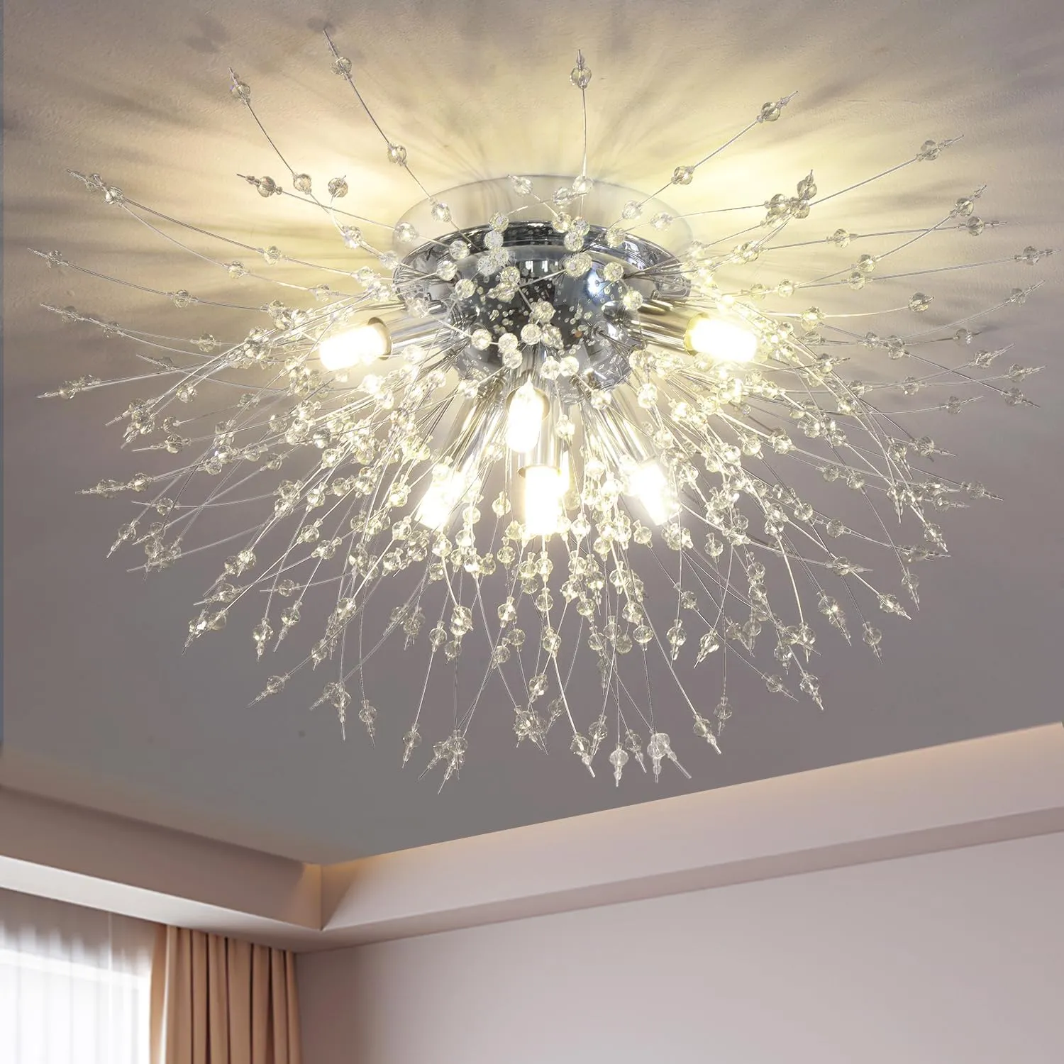 Chandeliers Crystal Flush Mount Ceiling Light Modern Sputnik Firework Close to Ceiling Lamp LED Flower Ceiling Light Fixtures for Dining Room Bedroom Kitchen Island Entryway Foyer 7 G9 Bulbs Included