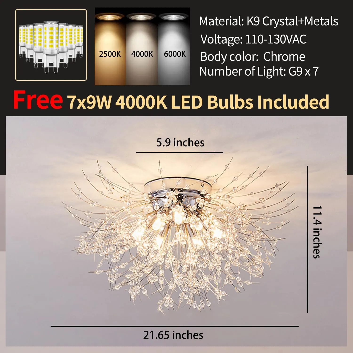 Chandeliers Crystal Flush Mount Ceiling Light Modern Sputnik Firework Close to Ceiling Lamp LED Flower Ceiling Light Fixtures for Dining Room Bedroom Kitchen Island Entryway Foyer 7 G9 Bulbs Included